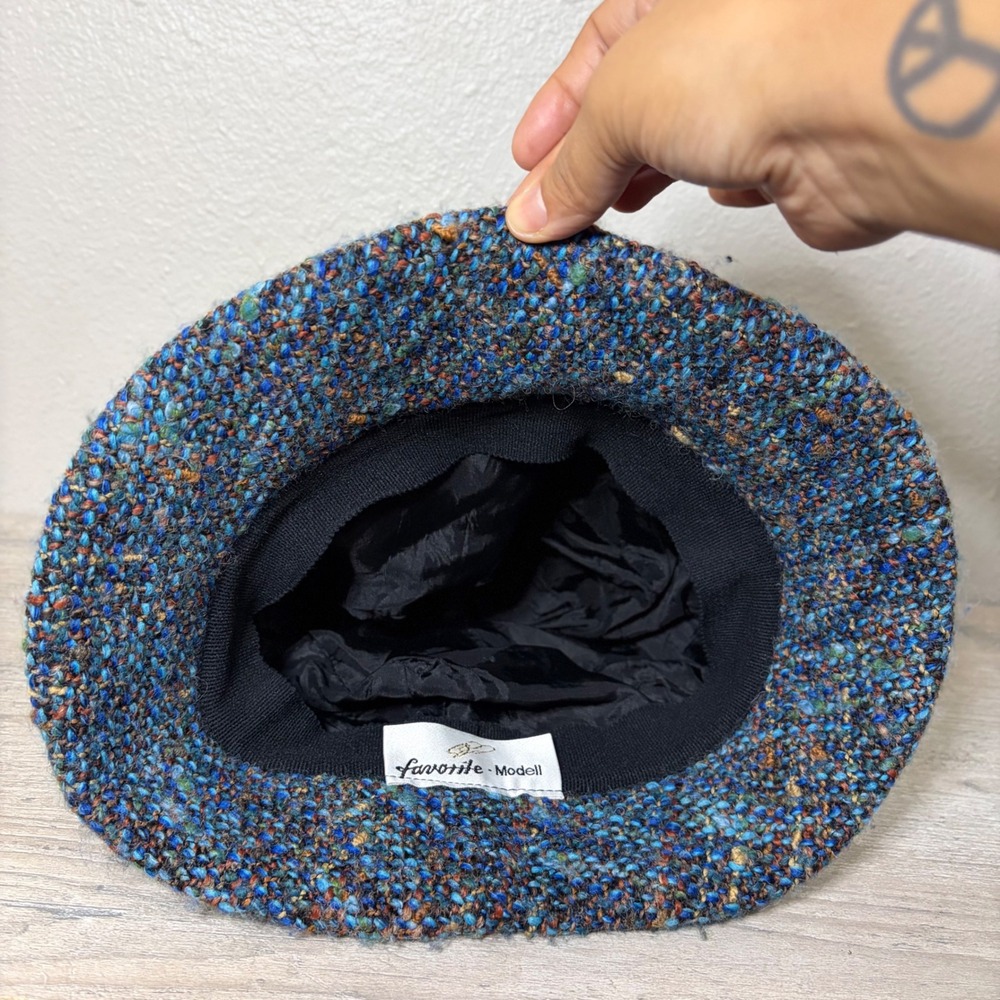 Favorite Modell Vintage Wool Tweed Bucket Hat Navy Blue Multi Color Cloche - Picture 2 of 5